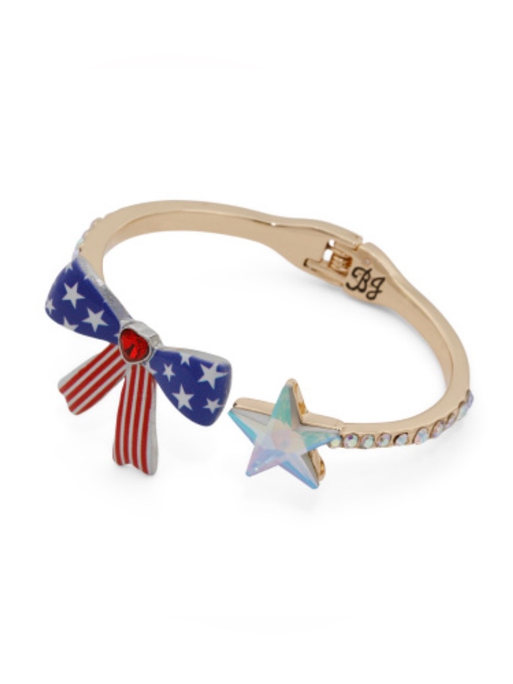 🇺🇸BETSEY JOHNSON Gold Plated Bling Americana Hinge Bracelet Patriotic Bow Star